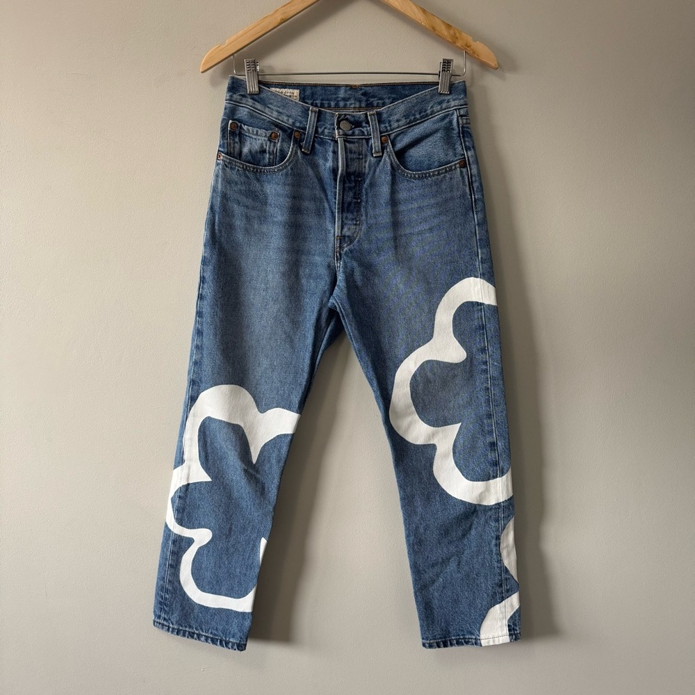 Levi's 501 Premium Medium Blue Cropped Jeans with White Cloud Prints